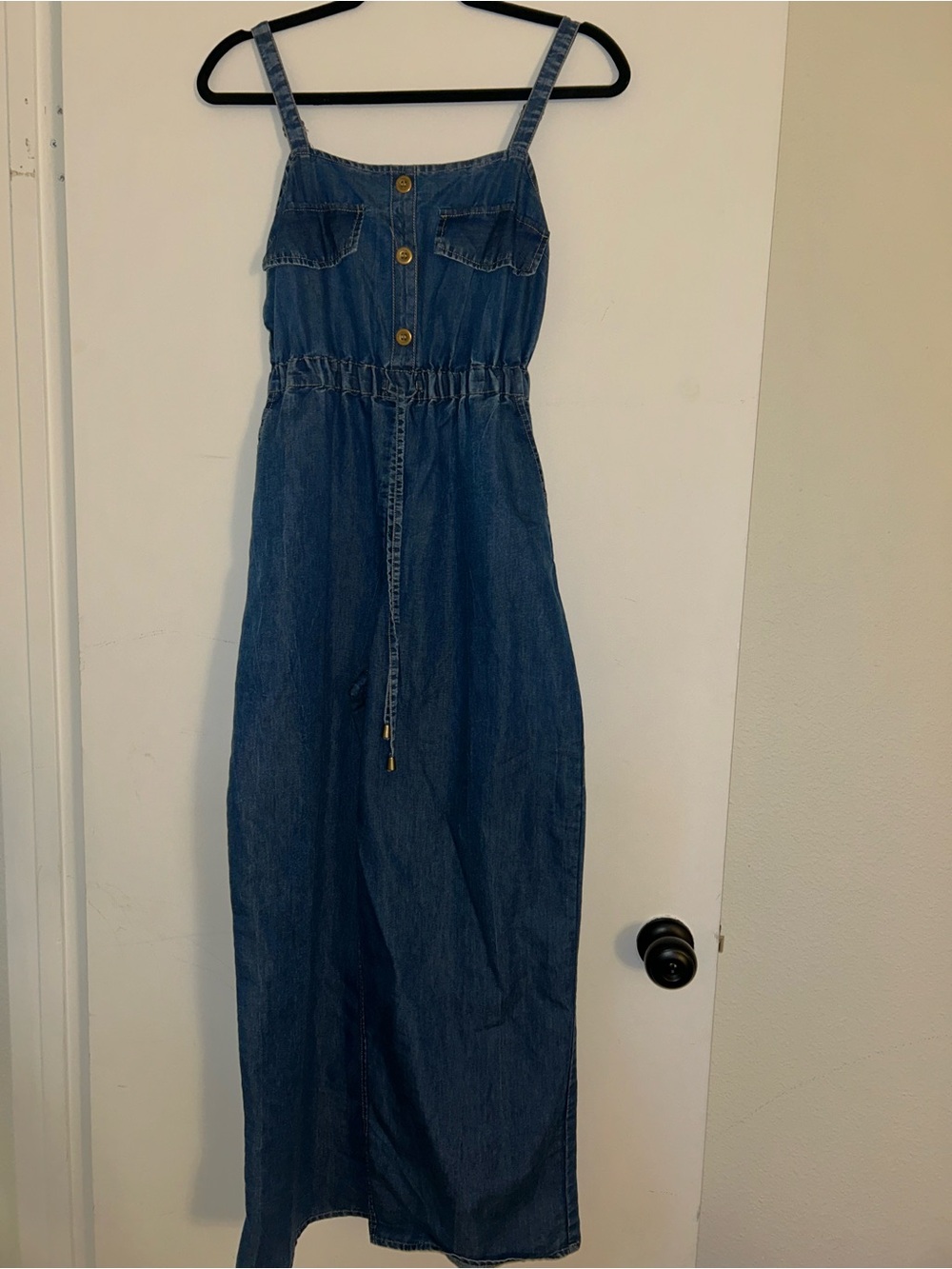 Indigo Denim Button-Front Maxi Jumpsuit - Blue
